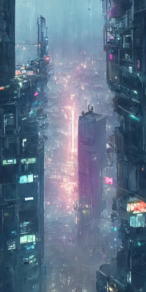 Prompt: looking outside from a penthouse suite at the top of the highest skyscraper in the middle of a cyberpunk city at night, very detailed, ismail inceoglu, beeple, trending on artstation, cinematic, blade runner 2 0 4 9