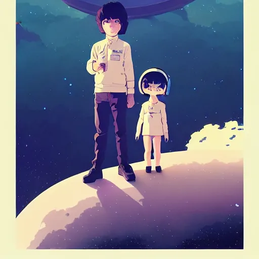 Image similar to portrait of boy and girl with astronaut helmets by ilya kuvshinov, cloudy sky background lush landscape ln illustration concept art anime key visual trending pixiv by victo ngai fanbox by greg rutkowski makoto shinkai takashi takeuchi studio ghibli