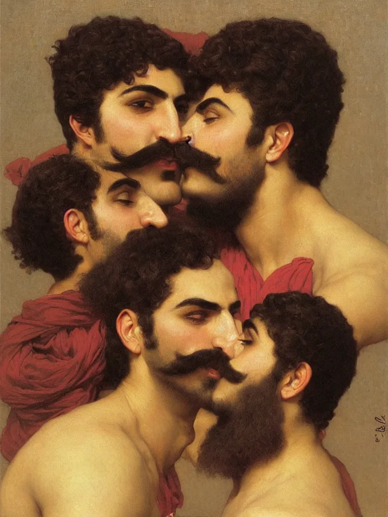 Image similar to close up portrait of 20 years old muscular persian iranian wrestlers handsome men with a mustache kiss, by Bouguereau and victor Nizovtsev