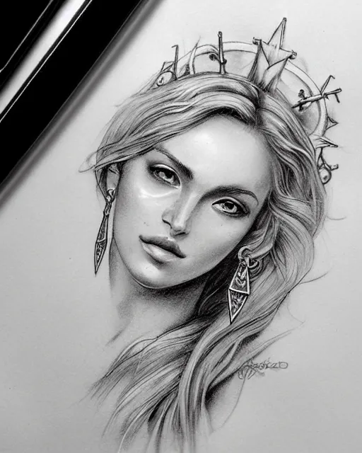 Image similar to tattoo sketch of beautiful greek goddess aphrodite with arrowhead earrings, beautiful piercing eyes, flowing blonde hair, realistic face, hyper realistic, in the style of greg rutkowski, fantasy, amazing detail, epic, intricate, elegant, smooth, sharp focus