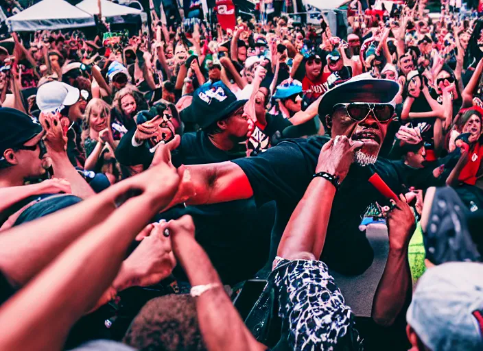 Prompt: photo still of samuel l jackson on stage at vans warped tour!!!!!!!! at age 3 3 years old 3 3 years of age!!!!!!!! stage diving into the crowd, 8 k, 8 5 mm f 1. 8, studio lighting, rim light, right side key light