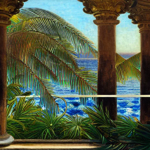 Image similar to a ultradetailed beautiful painting of the amazonas palace balustrade designed by jules bastien - lepage, hans belmer, frank weston and gustave baumann, beach, trending on artstation, mediterranean, palm trees, refracted color sparkles, sharp focus, soft light, 8 k 4 k