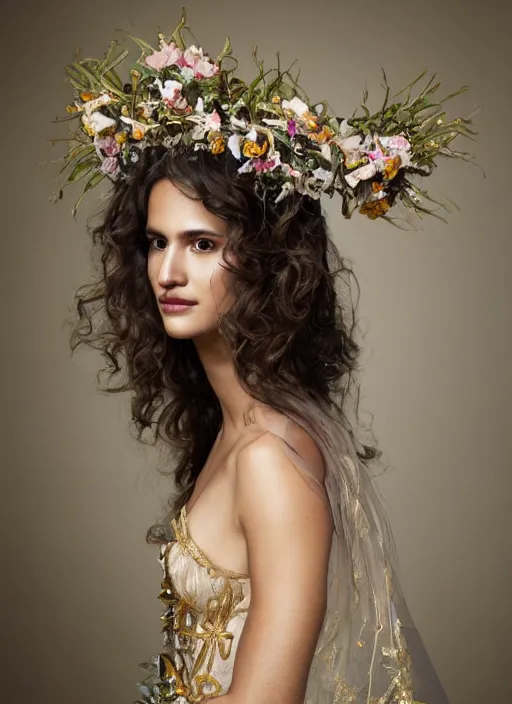 Image similar to an oil on canvas portrait! of Adria Arjona as an ethereal beauty with wavy hair covered by an orchid floral crown. The royal dress is made of intricate gold and silver threads with jewellery, composing complex geometrical patterns, zenithal lighting, shot on 70 mm, by Alina Ivanchenko and Hirothropologie and Patrick DeMarchelier .