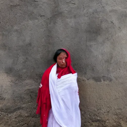 Image similar to a nepali woman wearing a white shawl covered in blood, realistic