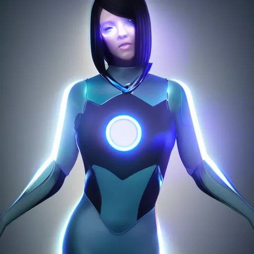 Image similar to a woman in a futuristic suit holding a glowing light, a computer rendering by Artgerm, featured on cgsociety, afrofuturism, daz3d, zbrush, futuristic