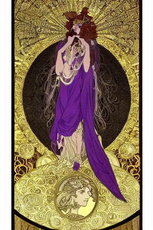 Image similar to thanatos, beautiful male god of death, closed eyes, long hair, wearing ornate silk and lace clothes, gold jewelry, moon, purple feathers, by Alphonse Mucha, rule of thirds, super detailed, 4k, sharp focus, illustration