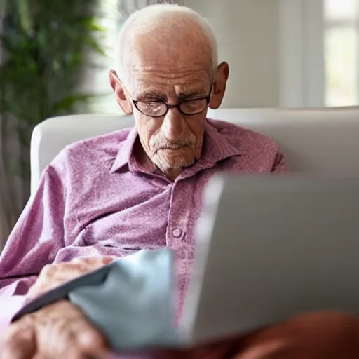 Image similar to elderly man in a coffin browsing internet on laptop