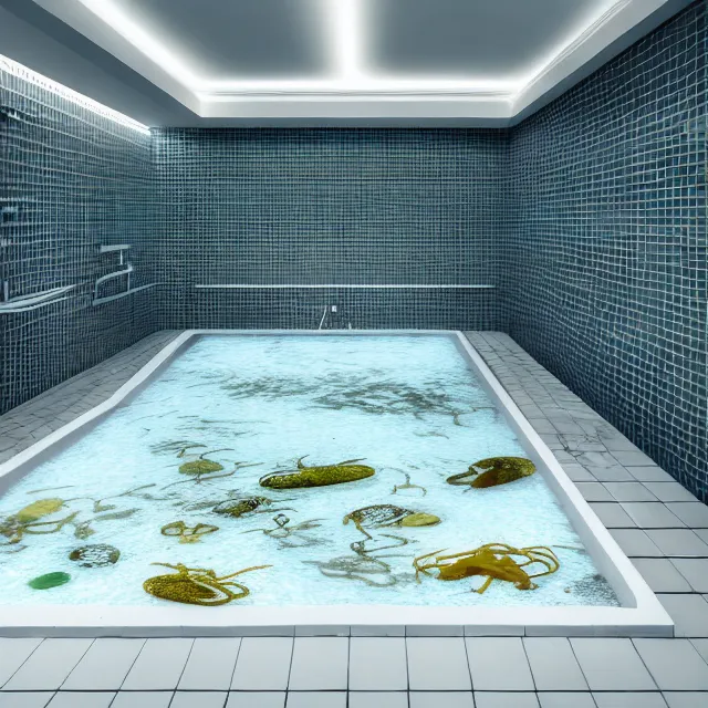 Prompt: a public bathroom with white tiles, a pool of water on the ground with tadpoles, white light, realistic photo