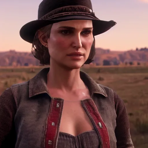 Image similar to natalie portman in red dead redemption 2, character render, full body shot, highly detailed, in game render