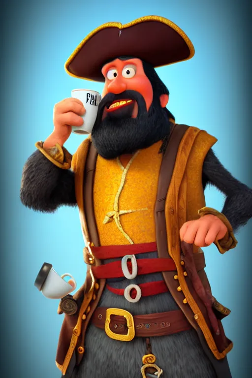 Image similar to portrait of the pirate blackbeard very expressive holding a cup of coffee, full body with a pirate ship on background. pixar disney 4 k 3 d render funny animation movie oscar winning trending on artstation and behance. ratatouille style.