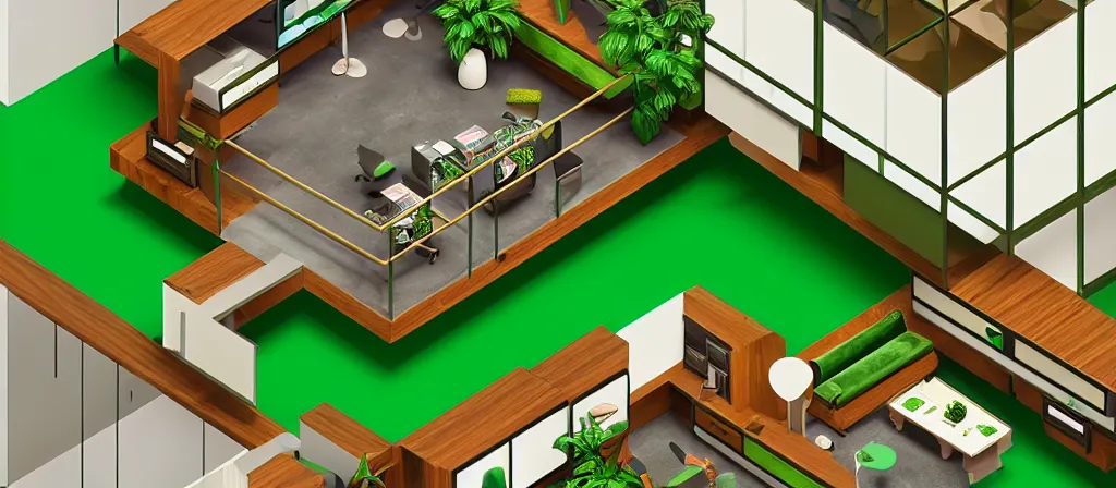 Prompt: huge gargantuan angular dimension of infinite indoor 7 0 s green velvet and wood with metal furniture office scenario. surrealism, mallsoft, vaporwave, trending on artstation, shot from above, axonometric camera perspectic, epic scale by escher