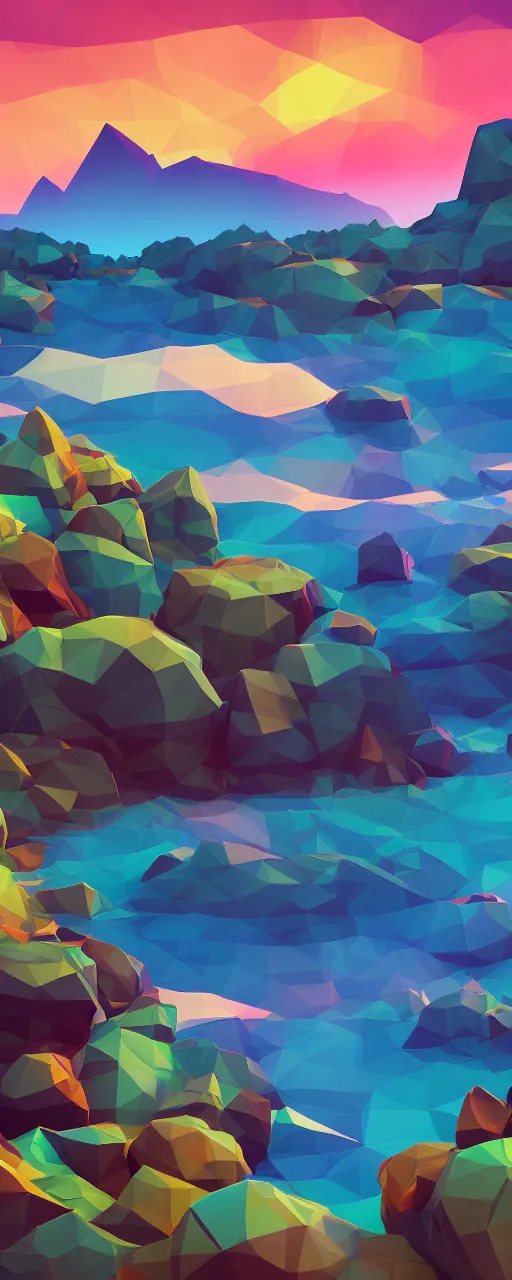 Image similar to super detailed color lowpoly art, northern sunset with rocks on front, lake in the middle of perspective and mountains at background, graphic reindeers in random points, unreal engine, retrowave color palette, 3 d render, lowpoly, colorful, digital art