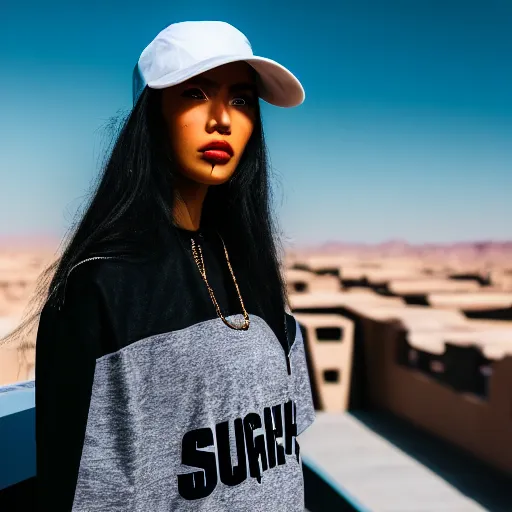 Image similar to photographic portrait of a streetwear woman, closeup, on the rooftop of a futuristic city overlooking a desert oasis, sigma 85mm f/1.4, 4k, depth of field, high resolution, 4k, 8k, hd, full color