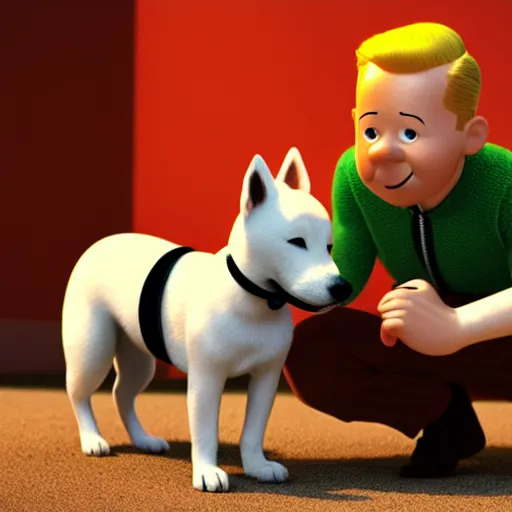 Image similar to tintin and his tiny white fox terrier, depicted as a pixar character, high quality cg render, 8 k