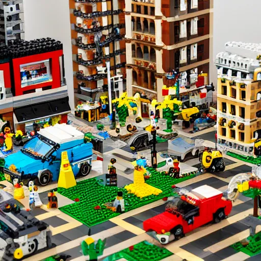 Image similar to a photograph of a lego village, hyperrealism, photo realistic