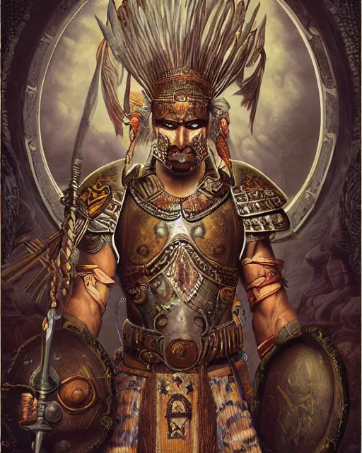 Prompt: digital painting of a warrior papalotl by filipe pagliuso and justin gerard, symmetric, fantasy, detailed, intricate, portrait, sharp focus, tarot card, handsome