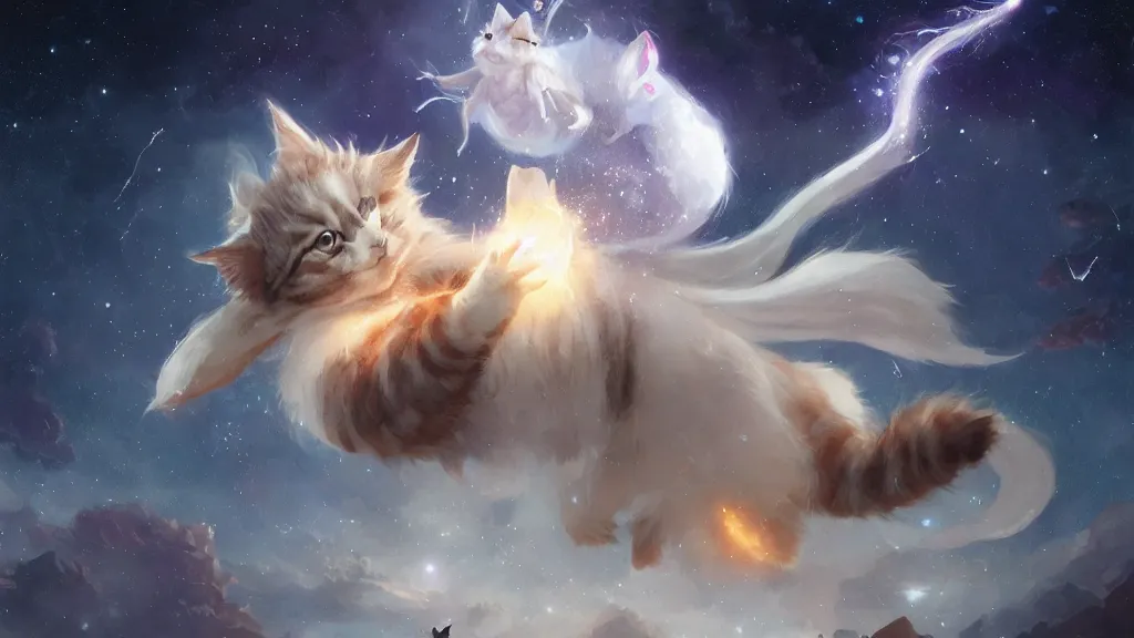 Image similar to cartoonish kitten dressed as Gandalf floating in space, bright stars, anime, a fantasy digital painting by Greg Rutkowski and James Gurney, trending on Artstation, highly detailed