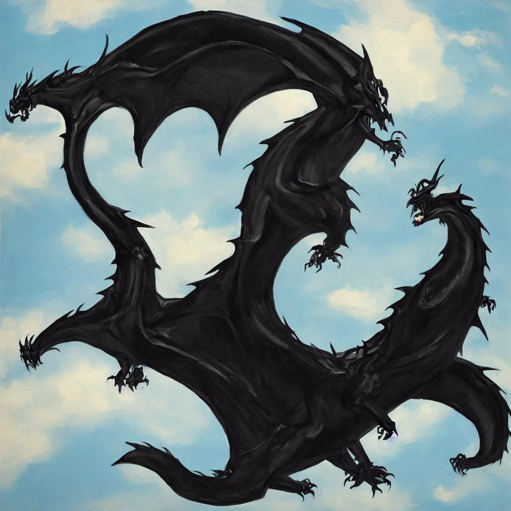 Image similar to “a painting of a large black dragon flying through the sky”