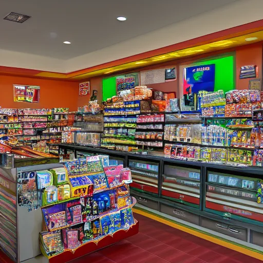 Prompt: Marvels Vision working as a 7/11 cashier, wide wide shot, very detailed, hdr photograph, beautiful lighting