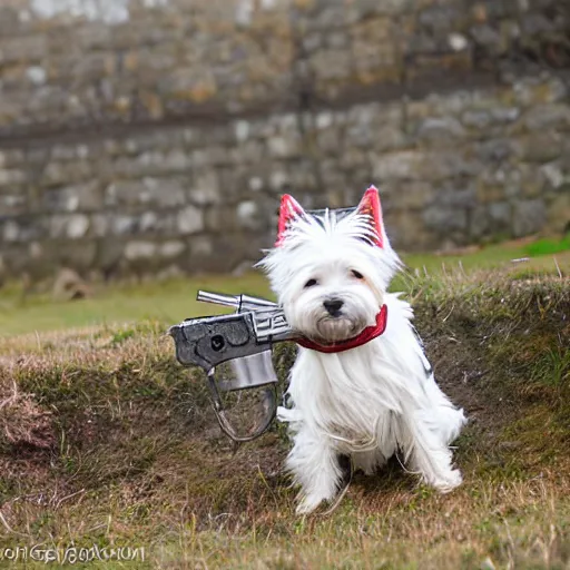 Image similar to west highland terrier dressed in iron armour with a gun attached to his head. gun on the head of westy.