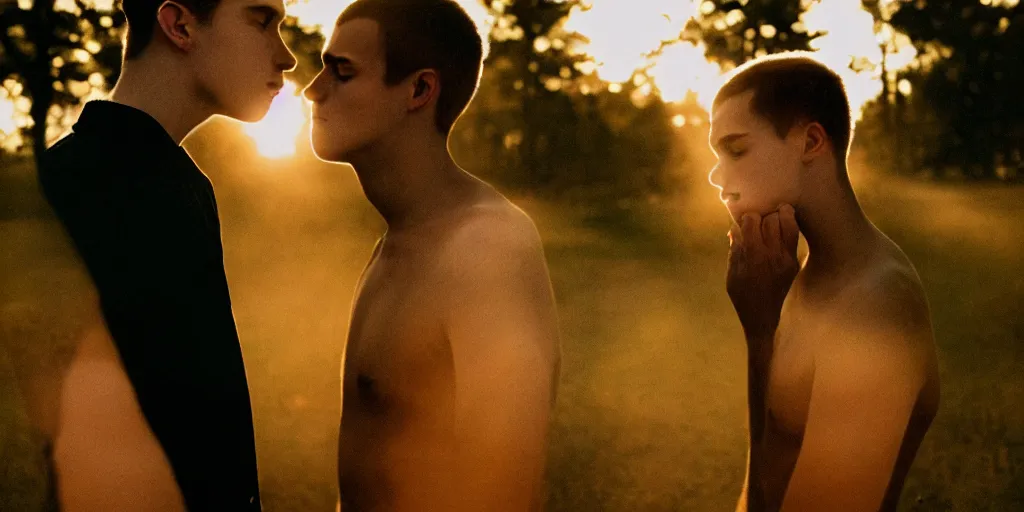 Image similar to portrait of a handsome young man kissing with moody lighting golden hour highly detailed sharp zeiss lens 1. 8 high contrast wolfgang tillmans ryan mcginley david armstrong