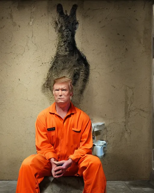 Image similar to a head and shoulders portrait of Donald wearing a orange jumpsuit, sitting on a toilet holding a bible in a filthy rat infested concrete jail In a maximum security prison, dimly lit, volumetric lighting, arney freytag, craig mullins and Annie Leibowitz, octane, 8k,