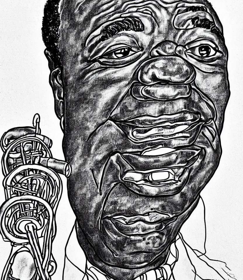 Image similar to detailed line art portrait of louis armstrong, inspired by egon schiele. elegant, minimalist, bold contour lines, musicality, soft twirls curls and curves, confident personality, raw emotion