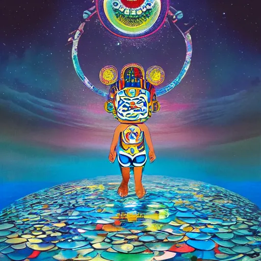 Image similar to a mayan warrior walking on water under the stars by takashi murakami, beeple and james jean, aya takano color style, 4 k, super detailed