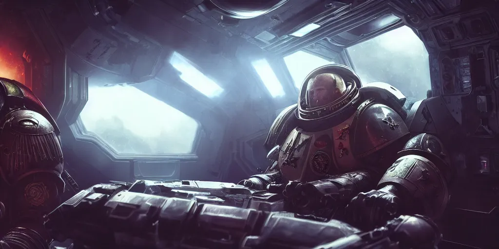 Image similar to Photorealistic Portrait of Space Marine, bokeh, background darkness interior of spaceship, inspired by Ridley Scott, Warhammer, octane render, HD, volumetric lighting, mist, twilight, high details