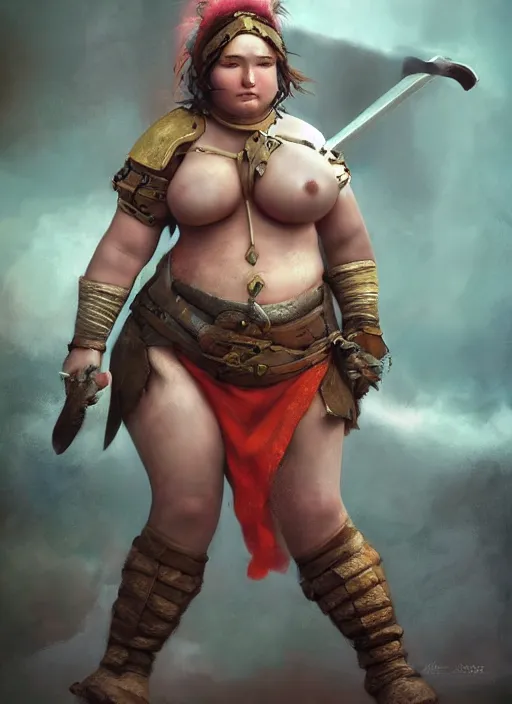 Image similar to hyper realistic photo of medieval chubby beautiful warrior girl, full body, rule of thirds, conceptart, saturated colors, artstation, cgsociety