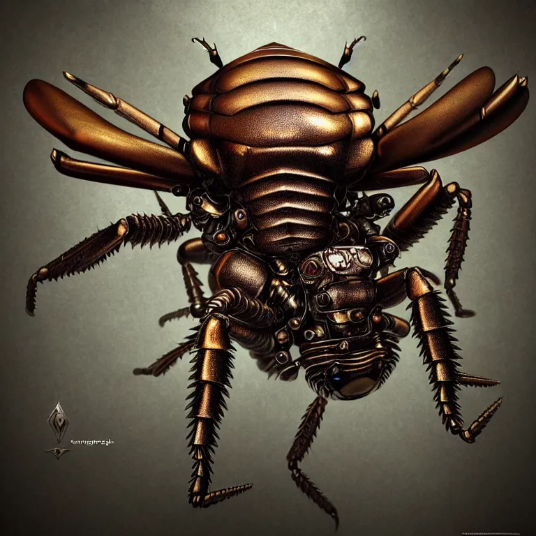 Image similar to steampunk stag beetle, biomechanical, very coherent symmetrical artwork, cinematic, 3 d model, unreal engine realistic render, 8 k, micro detail, intricate, elegant, highly detailed, centered, digital painting, smooth, sharp focus, illustration, artgerm, tomasz alen kopera, by wlop