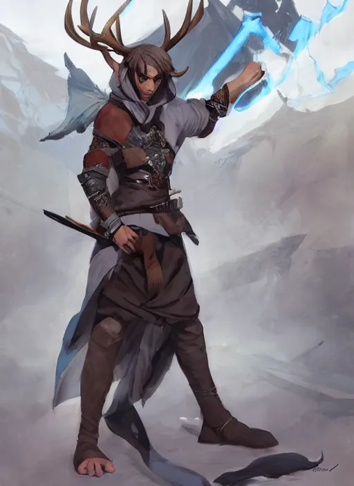 Prompt: concept art painting of an assassin with brown skin and short white hair, demon horns, deer ears, blue tunic and robes, detailed, d & d style, cel shaded, in the style of ruan jia and artgerm and makoto shinkai and james gurney