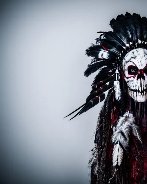Image similar to the ghost - spirit of the grim - warpaint wears the scarlet skull armor and native blood headdress feathers, midnight fog - mist!, cinematic lighting, various refining methods, micro macro autofocus, ultra definition, award winning photo