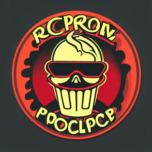 Image similar to vector rave hotrod style logo for an anarchist collective called poppin kernel with an anthropomorphic popcorn on fire with mirrorshades