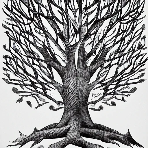 Image similar to the tree of knowledge bearing strange fruit by mc escher, line art, charcoal, ink drawing, illustration, color