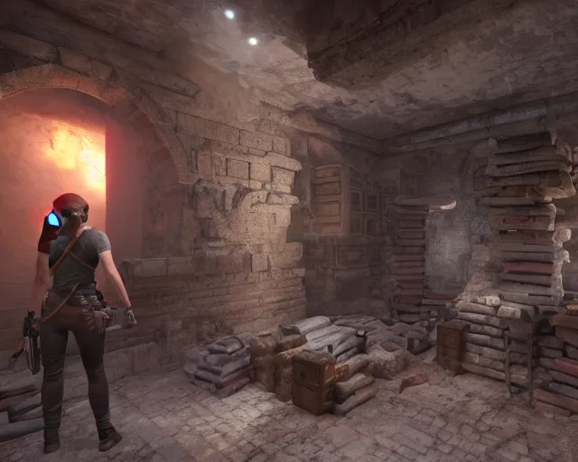 Image similar to screenshot of tomb raider and uncharted and indiana jones videogame ps 5 in an ancient undiscovered room with a chest full of ingots and gems and precious, concept art, architecture design, pyramids style, rtx, nvidia, renderer, stunning graphics