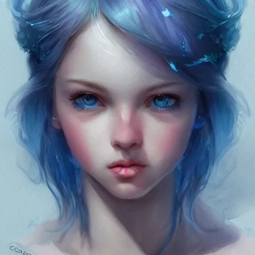 Prompt: young boy, blue hair, pink eyes, gorgeous, amazing, feminine, elegant, intricate, highly detailed, watercolor, artstation, concept art, sharp focus, portrait, illustration, art charlie bowater and Ross tran