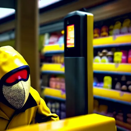 Image similar to a masked man at a self checkout stealing a banana, trending on artstation, depth field, unreal engine, cinematic, hyper realism, high detail, octane cinema 4 d render, a 2 4 cinematography, 8 k