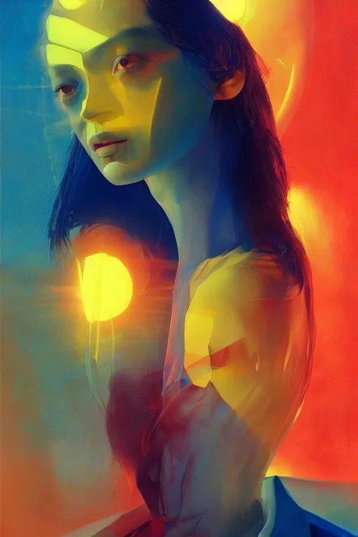 Image similar to 3 d, sci - fi, sun rays, sleepy fashion model face, yellow faces, cinematic, vogue cover style, poster art, light red and deep blue mood, realistic painting, intricate oil painting, high detail, figurative art, multiple exposure, poster art, 3 d, by tooth wu and wlop and beeple and greg rutkowski