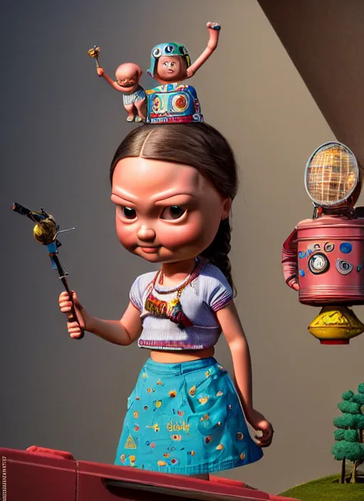 Image similar to highly detailed closeup, profile portrait of a tin toy greta thunberg wearing a bikini and mini - skirt, unreal engine, nicoletta ceccoli, mark ryden, earl norem, lostfish, global illumination, detailed and intricate environment