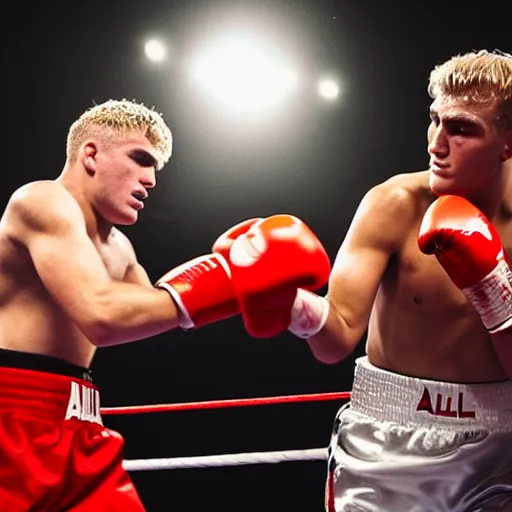 Image similar to jake paul vs mohammed ali, brutal boxing match, sports photography, sweat flying, hd high detail, professional photo