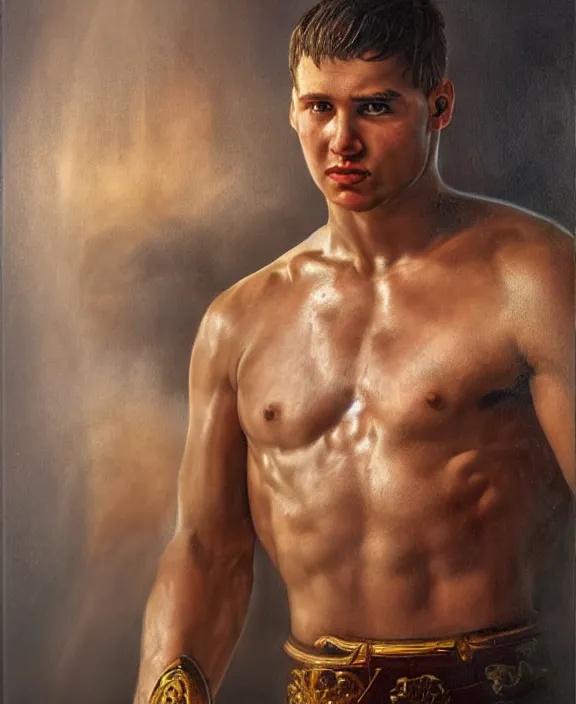 Image similar to portrait of a handsome young latin gladiator, art by denys tsiperko and bogdan rezunenko and franz xaver kosler, hyperrealism, fantasy art