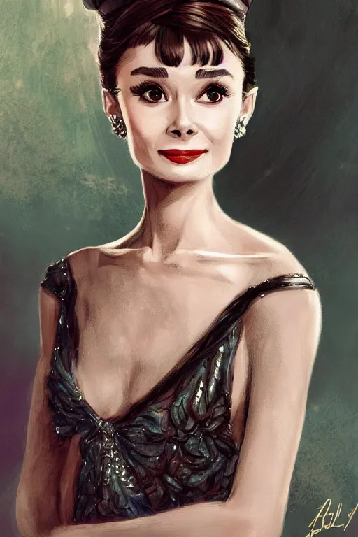 Prompt: audrey hepburn, cute, fantasy, intricate, elegant, highly detailed, digital painting, 4k, HDR, concept art, smooth, sharp focus, illustration, art by Alvin Lee