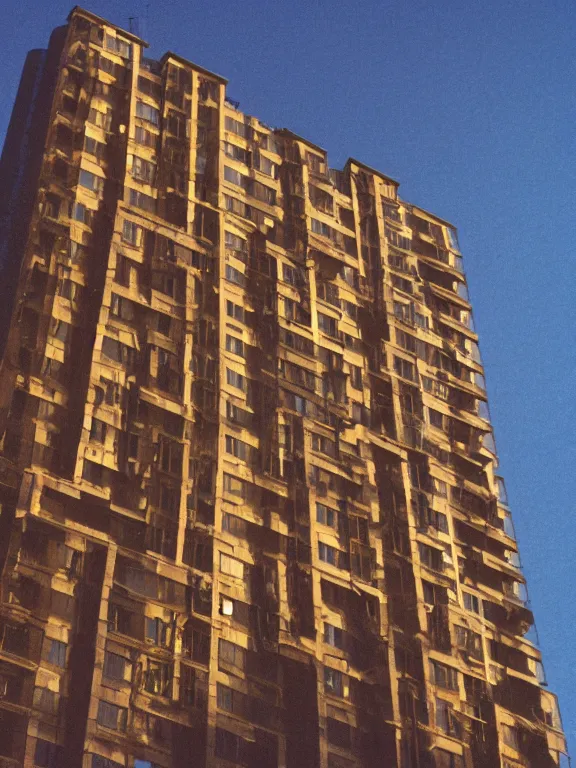 Image similar to photo of low soviet panel residential building, extreme wide shot, golden hour, kodak gold 2 0 0, side - view