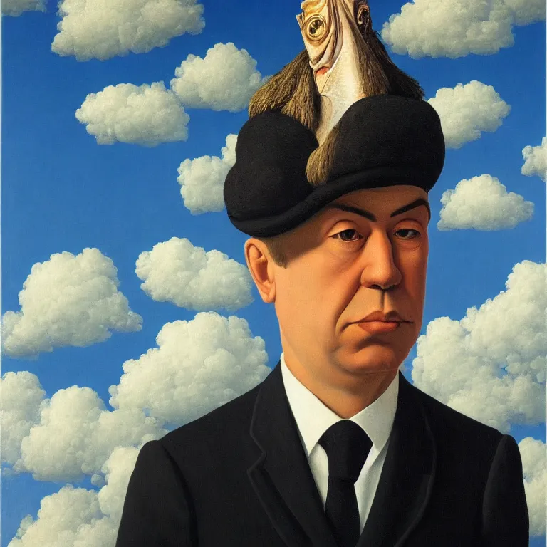 Image similar to portrait of a man with fish head, clouds in the background, by rene magritte, detailed painting, distance, middle centered, hd, hq, high resolution, high detail, 4 k, 8 k