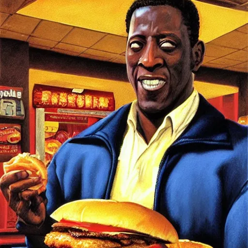 Prompt: medium shot, cinematic portrait of Wesley Snipes eating a giant hamburger in mcdonalds, holds burger, super sized meal, soft lighting, Tomas Kinkade, Tim Hildebrandt, Wayne Barlowe, Bruce Pennington, donato giancola, larry elmore, oil on canvas, masterpiece, trending on artstation, cinematic composition, dramatic pose, beautiful lighting, sharp, details, hyper-detailed, HD