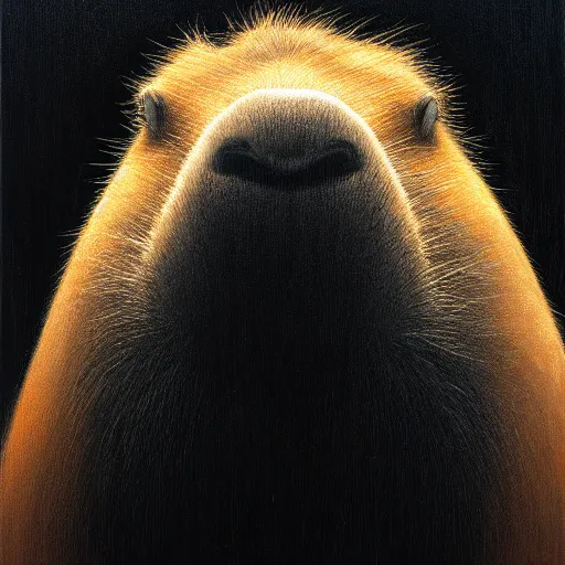 Image similar to a portrait of a capybara wearing a black hood, cloak covering face, anatomically correct, beautiful perfect face, enigmatic, oil painting, matte, black background, volumetric dynamic lighting, highly detailed, cinematic lighting, unreal engine, 8 k, hd, by beksinski