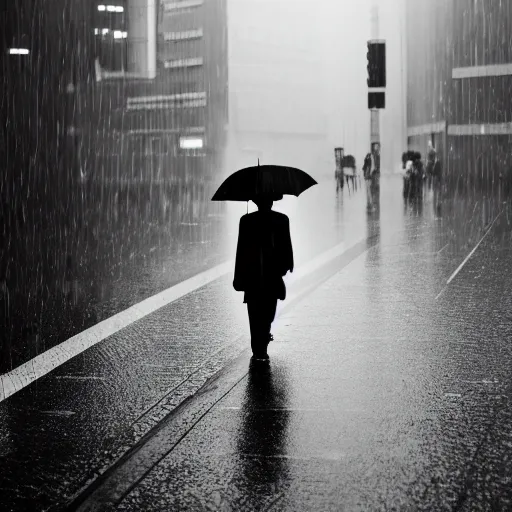 Prompt: a shadow figure holding an umbrella in tokyo, rainy, moody, 5 0 mm