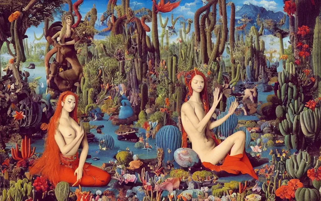 Prompt: a portrait photograph of a meditating mermaid shaman and a centaur monk feeding tropical animals at a wide river delta. surrounded by bulbous flowers, elephants, trees and cacti. mountain range under a vast blue sky of burning stars. painted by jan van eyck, max ernst, ernst haeckel and artgerm, cgsociety, artstation, fashion editorial