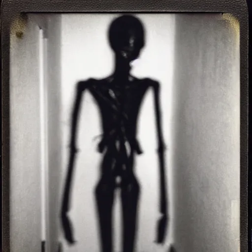 Image similar to Old polaroid of a dark spindly figure standing at the end of a dim hallway, liminal, creepypasta